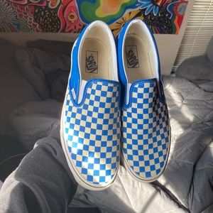 royal blue checkered slip on vans